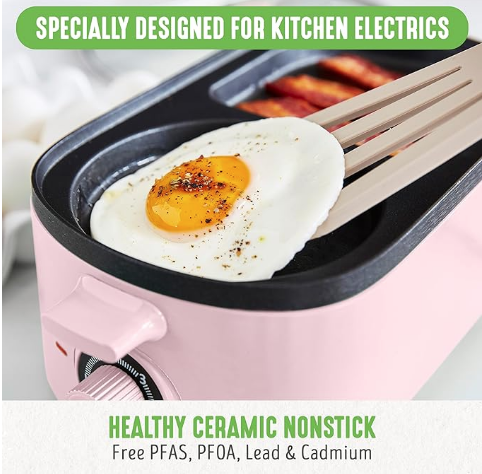 GreenLife 3-in-1 Breakfast Maker Station, Healthy Ceramic Nonstick Dual Griddles for Eggs Meat Sausage Bacon Pancakes and Breakfast Sandwiches, 2 Slice Toast Drawer, Easy-to-use Timer, Pink