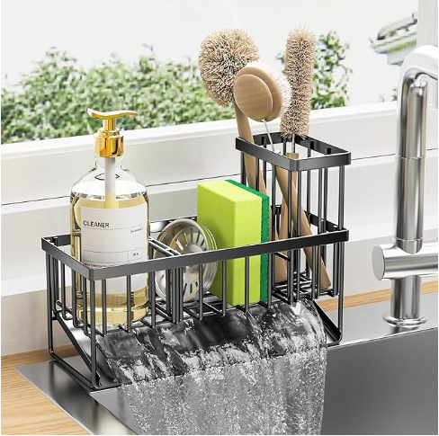 Cisily Kitchen Sink Caddy, Sponge Holder for Kitchen Sink, Kitchen Sink Organzier and Storage with High Brush Holder, Rustproof 304 Stainless Kitchen Gadgets Dish Sponge Organizer with Divider