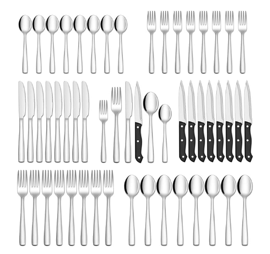 HIWARE 48-Piece Silverware Set with Steak Knives for 8, Stainless Steel Flatware Cutlery Set For Home Kitchen Restaurant Hotel, Kitchen Utensils Set, Mirror Polished, Dishwasher Safe