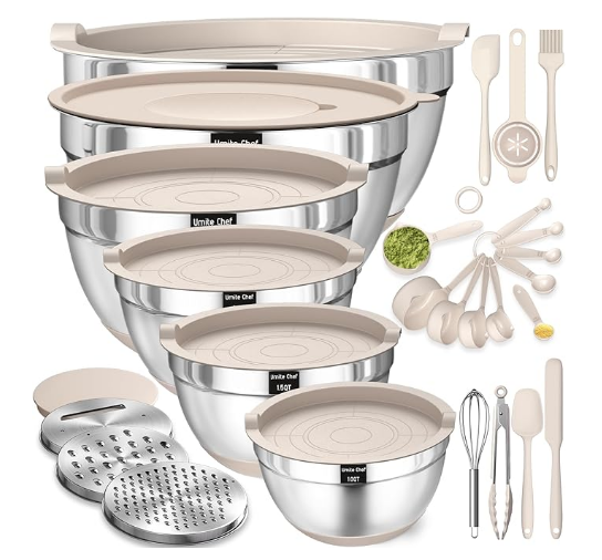 Mixing Bowls with Airtight Lids Set, 26PCS Stainless Steel Khaki Bowls with Grater Attachments, Non-Slip Bottoms & Kitchen Gadgets Set, Size 7, 4, 2.5, 2.0,1.5, 1QT, Great for Mixing & Serving