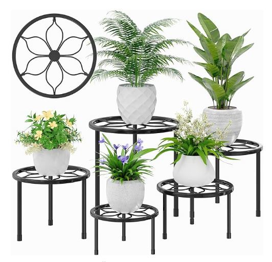 VECELO 5-Pack Metal Plant Stands for Indoor Plants, Multiple Heavy Duty Flower Pot Stand / Round Plant Holder for Outdoor Planter, Living Room, Balcony Decor, Black