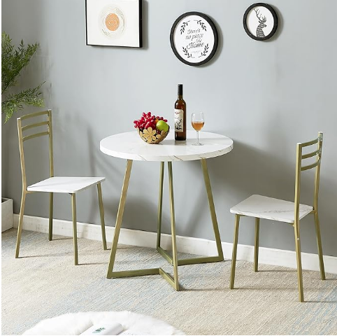 VECELO Small Round Dining Table Set for 2, Wood Marbled Tabletop with Steel Frame, Modern Dinette with Chairs for Kitchen Breakfast Nook Living Room, White and Gold