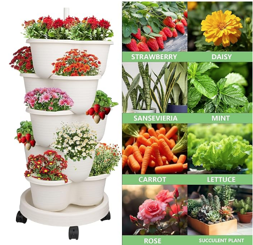 Hourleey Strawberry Planter, 5 Tier Stackable Gaden Tower for Flowers, Vegetables, Grow Your Own Herb Garden Vertical Oasis of Vegetables and Succulents