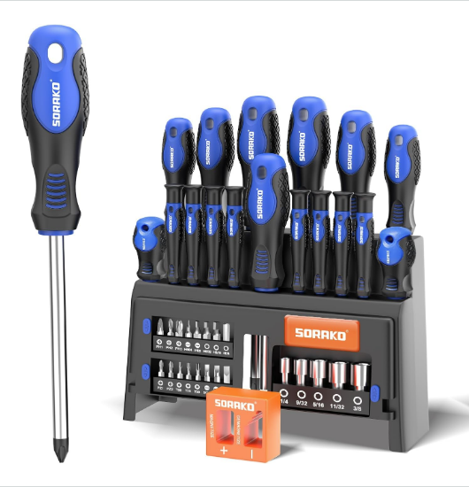 SORAKO 40-Piece Screwdriver Set, Multi-Purpose Magnetic Screwdriver Set with Case, Magnetic Screwdriver Set with Go-Thru Steel Blades | High Torque, Plastic Racking