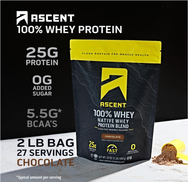 Ascent 100% Whey Protein Powder – Post Workout Whey Protein Isolate, Zero Artificial Flavors & Sweeteners, Gluten Free, 5.5g BCAA, 2.6g Leucine, Essential Amino Acids, Chocolate 2 lb