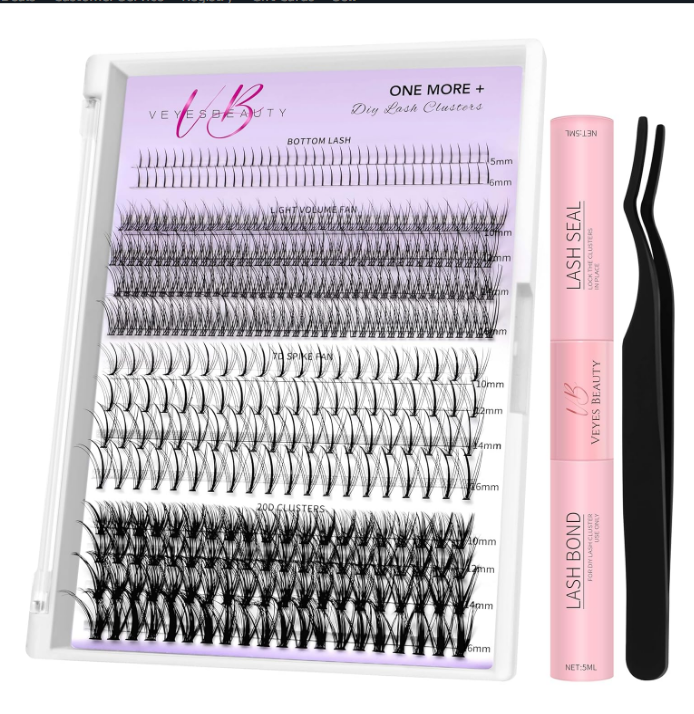 VEYESBEAUTY Lash Clusters Kit Natural Individual Lash Extensions One More+ DIY Wispy Faux Mink Lash Tray at Home with Bond & Seal, Tweezer Multi-type Mix Bottom, Light Volume, 7D Spike, 20D Clusters