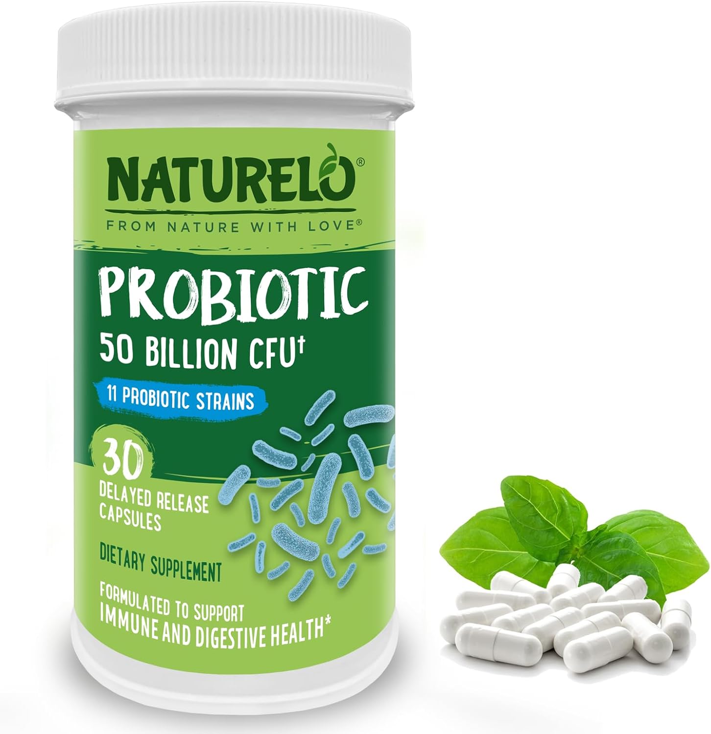 NATURELO Probiotic Supplement – 50 Billion CFU – 11 Strains – One Daily – Helps Support Digestive & Immune Health – Delayed Release – No Refrigeration Needed – 30 Vegan Capsules