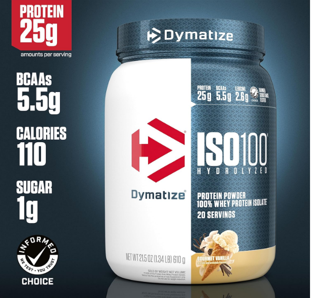 Dymatize ISO100 Hydrolyzed Protein Powder, 100% Whey Isolate Protein, 25g of Protein, 5.5g BCAAs, Gluten Free, Fast Absorbing, Easy Digesting, Gourmet Vanilla, 20 Servings