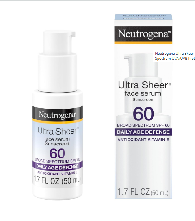 Neutrogena Ultra Sheer Moisturizing Face Serum with Vitamin E & SPF 60, All Day Facial Sunscreen Serum with Broad Spectrum UVA/UVB Protection, Fragrance-Free, Oxybenzone-Free, 1.7 oz